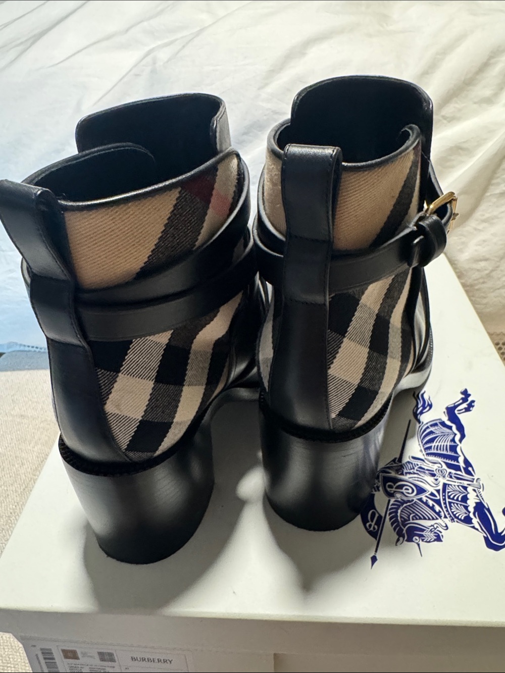 Burberry Black Leather Ankle Boots with Checkered Accent - Picture 4 of 6